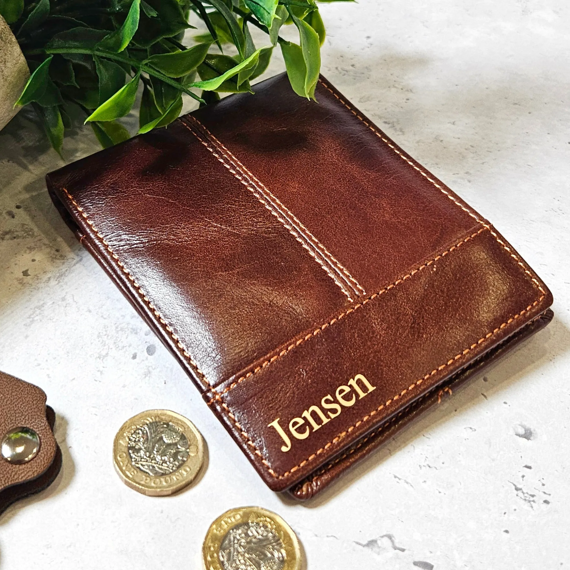 Personalised Genuine Brown Leather Wallet - Custom Message Accessory Gift for Men