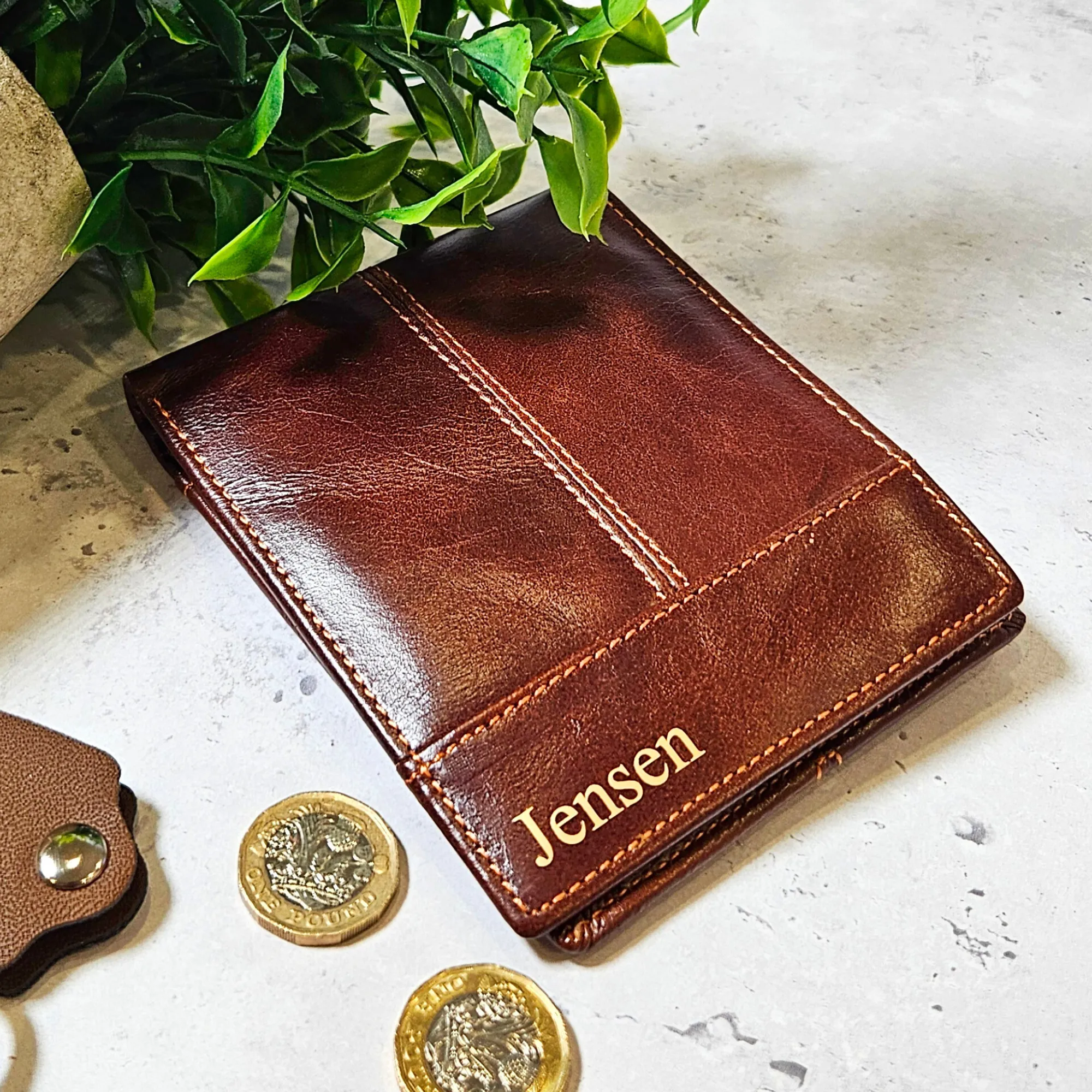 Personalised Genuine Brown Leather Wallet - Custom Message Accessory Gift for Men