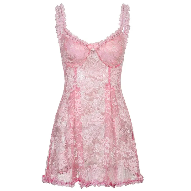 Pink Lace Stylish Mesh Mini Dress