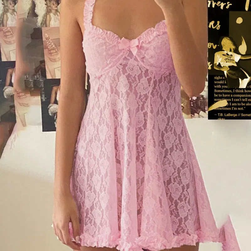 Pink Lace Stylish Mesh Mini Dress