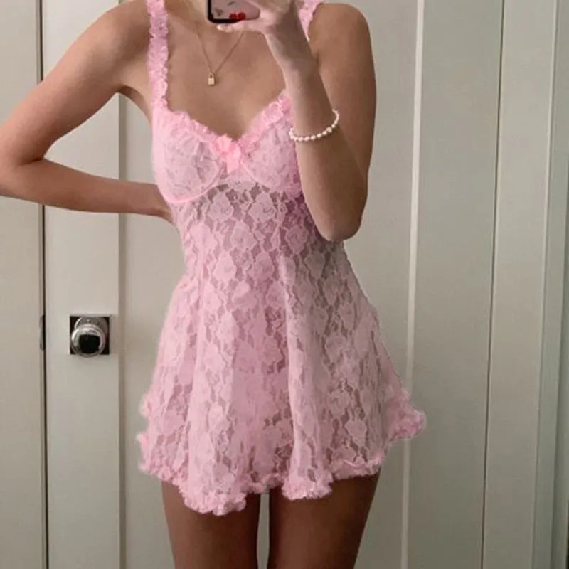 Pink Lace Stylish Mesh Mini Dress