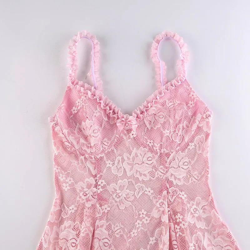 Pink Lace Stylish Mesh Mini Dress