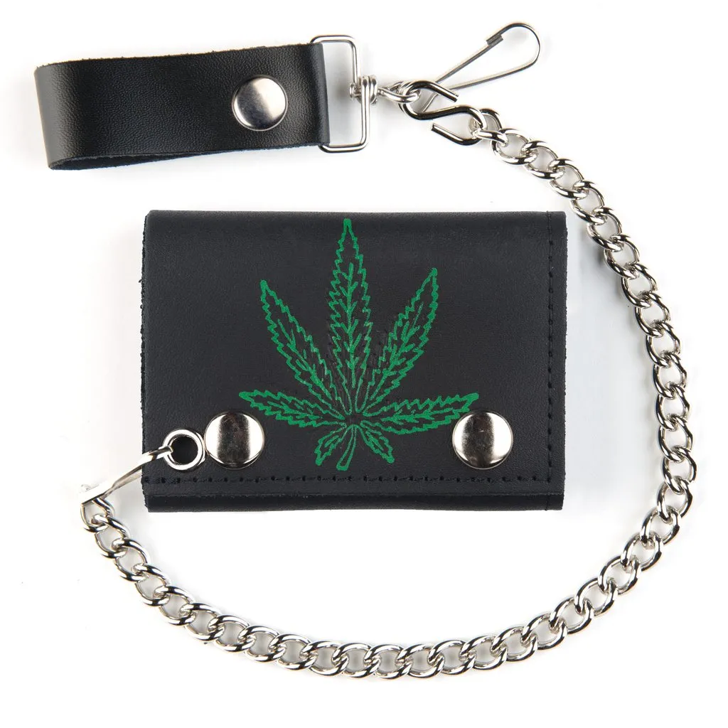 Pot Leaf Tri-Fold Biker Wallet w/ Chain