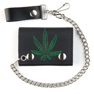 Pot Leaf Tri-Fold Biker Wallet w/ Chain