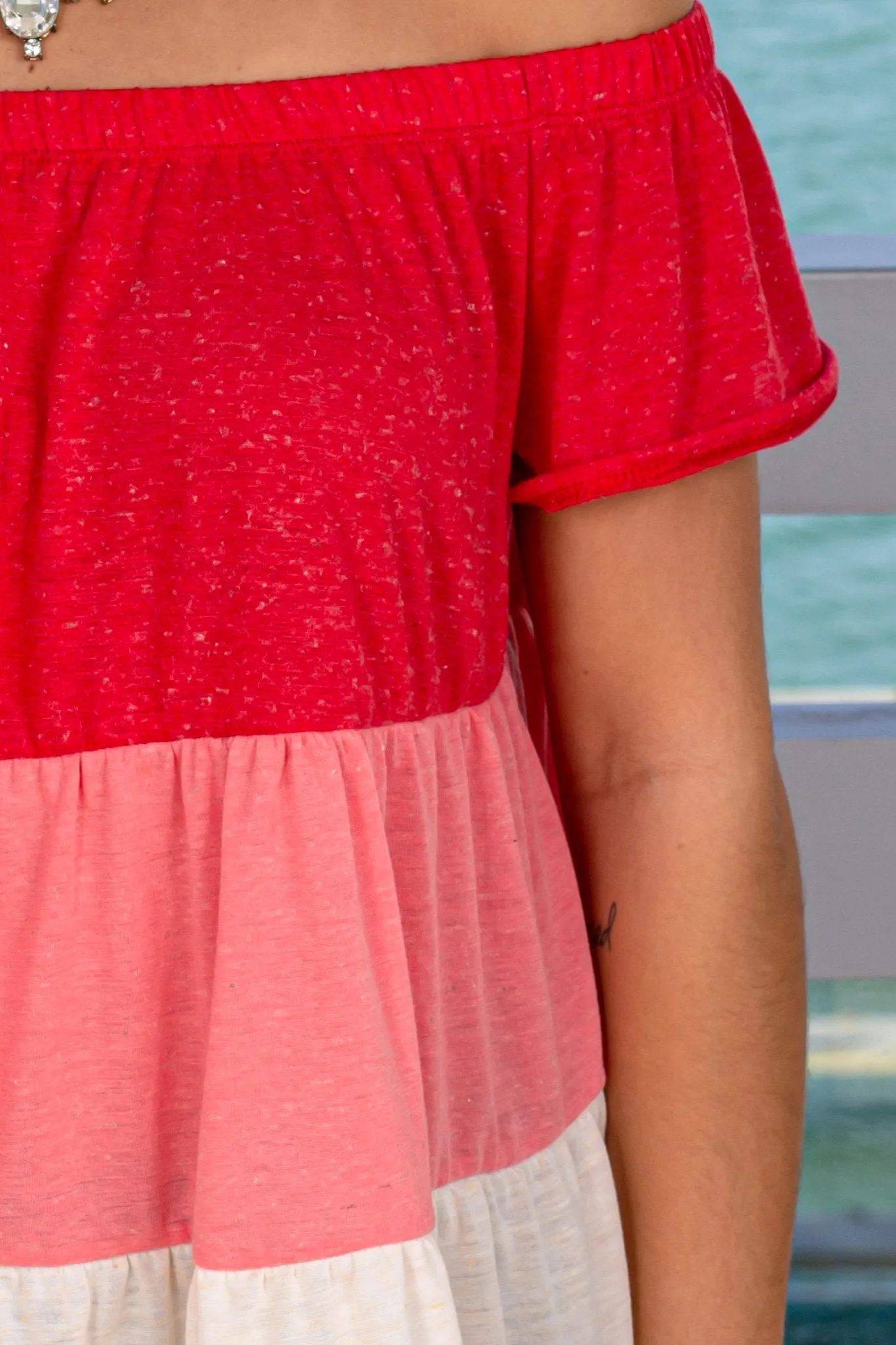 Red Multi Colored Off Shoulder Top