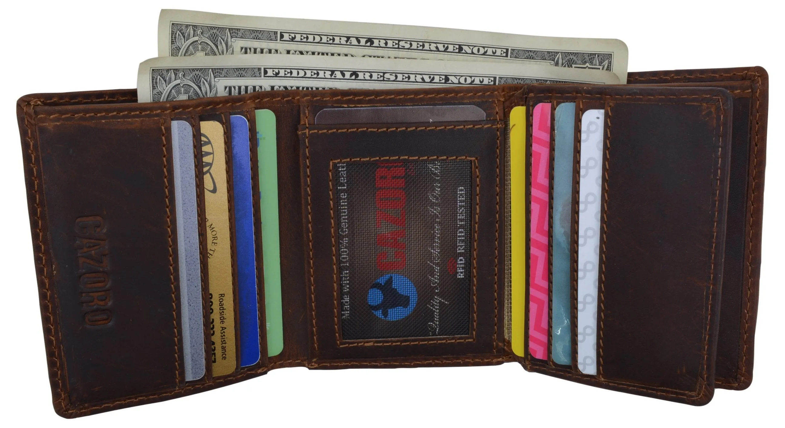 RFID Blocking Cazoro Mens Premium Vintage Leather Trifold Credit Card ID Wallet