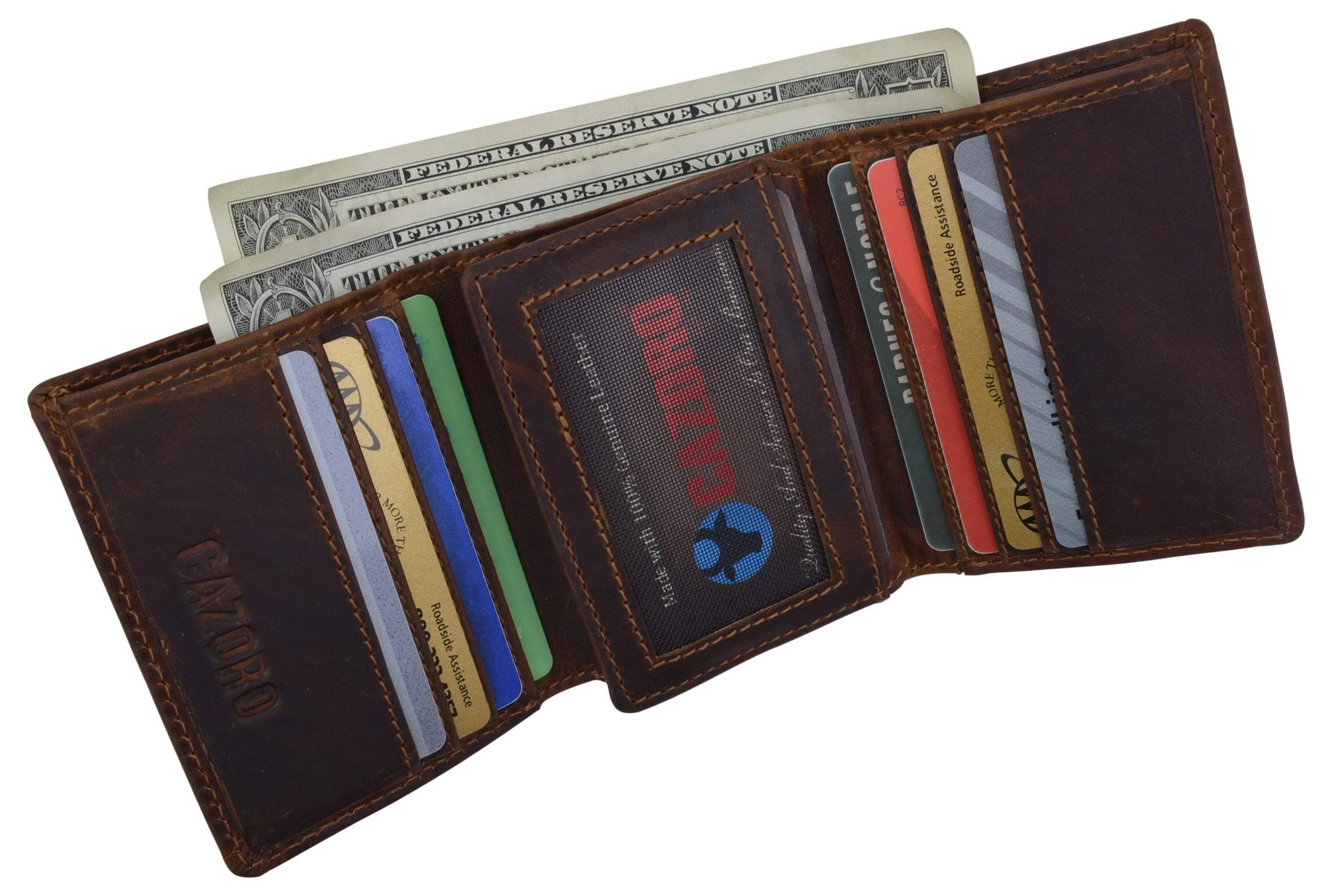 RFID Blocking Cazoro Mens Premium Vintage Leather Trifold Credit Card ID Wallet