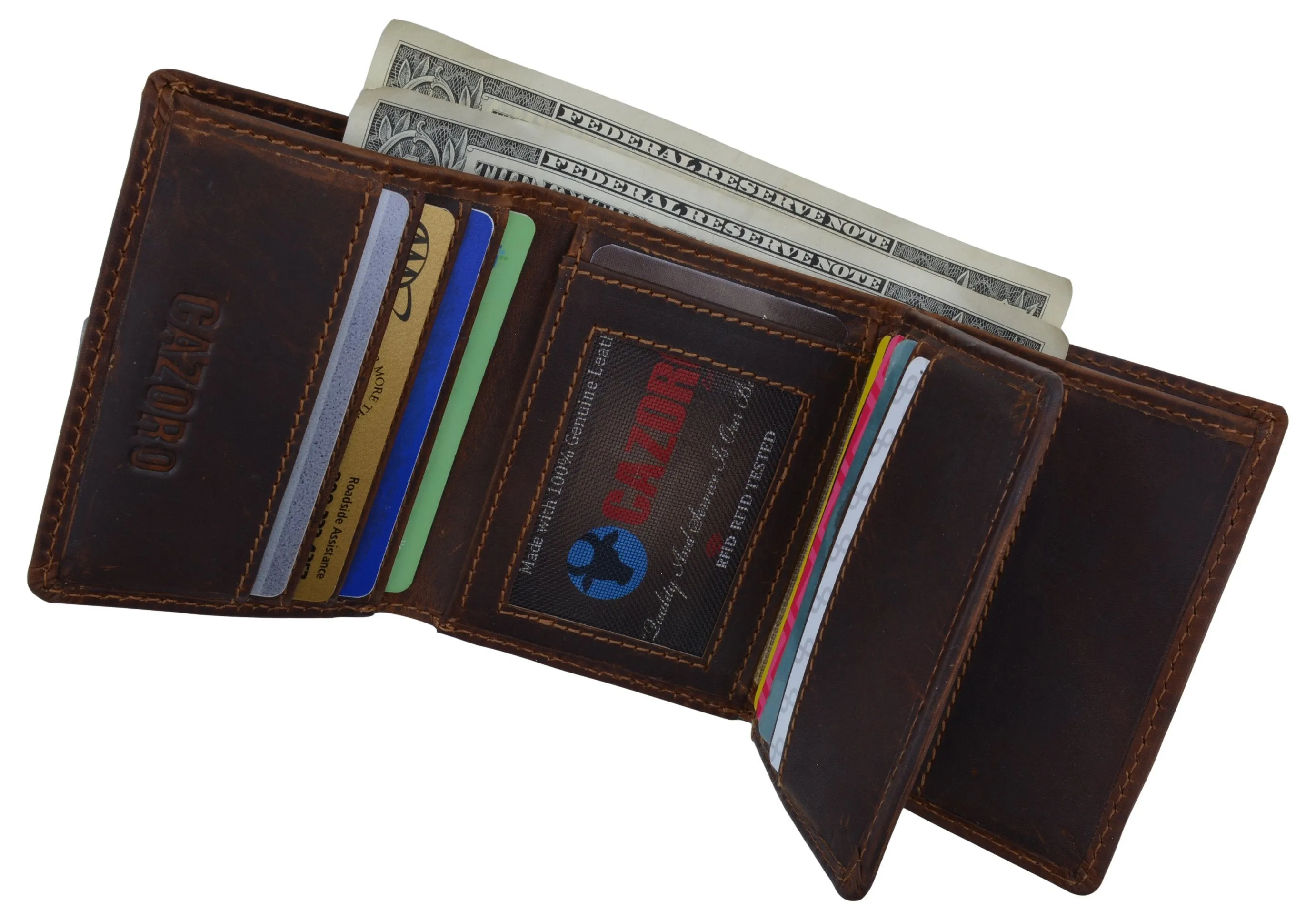 RFID Blocking Cazoro Mens Premium Vintage Leather Trifold Credit Card ID Wallet
