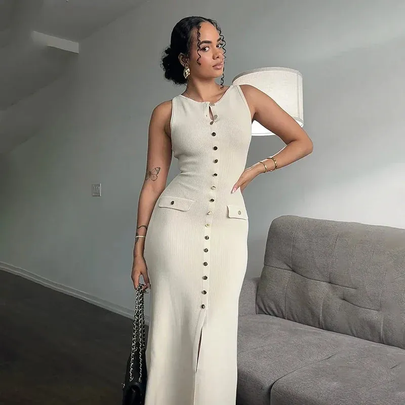 Ribbed Buttoned Stylish Midi Dress
