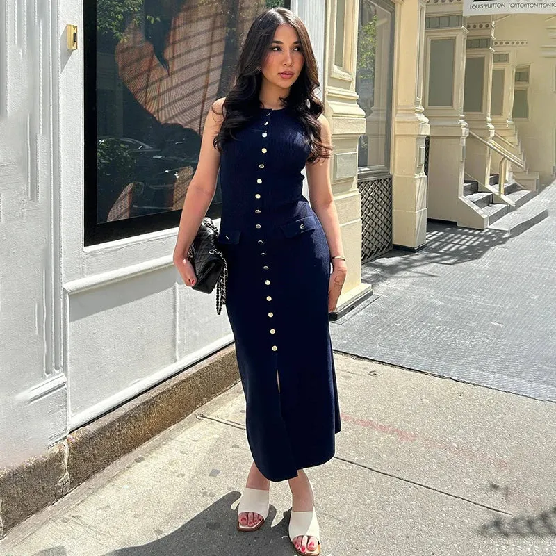 Ribbed Buttoned Stylish Midi Dress