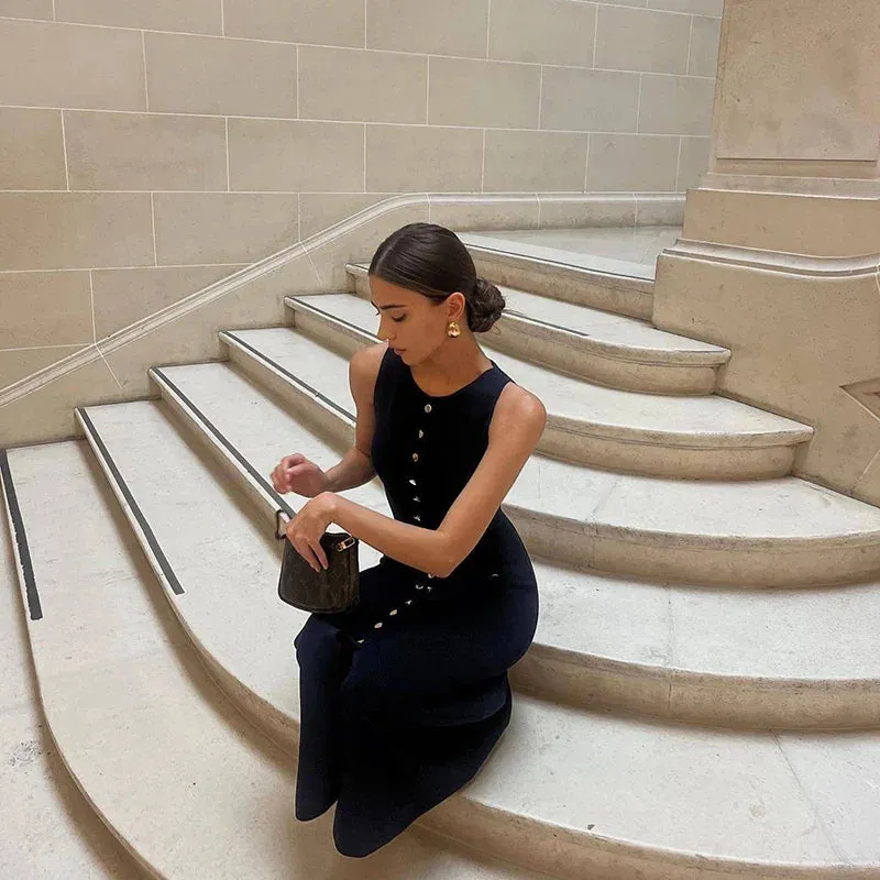 Ribbed Buttoned Stylish Midi Dress