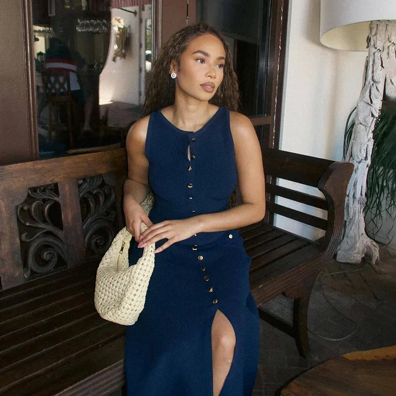 Ribbed Buttoned Stylish Midi Dress