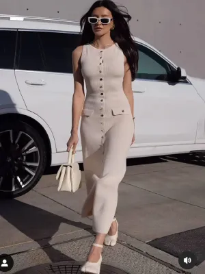 Ribbed Buttoned Stylish Midi Dress