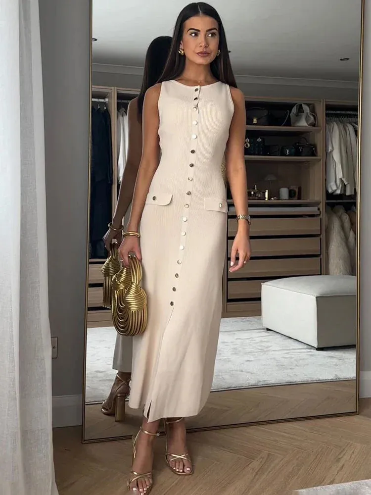 Ribbed Buttoned Stylish Midi Dress