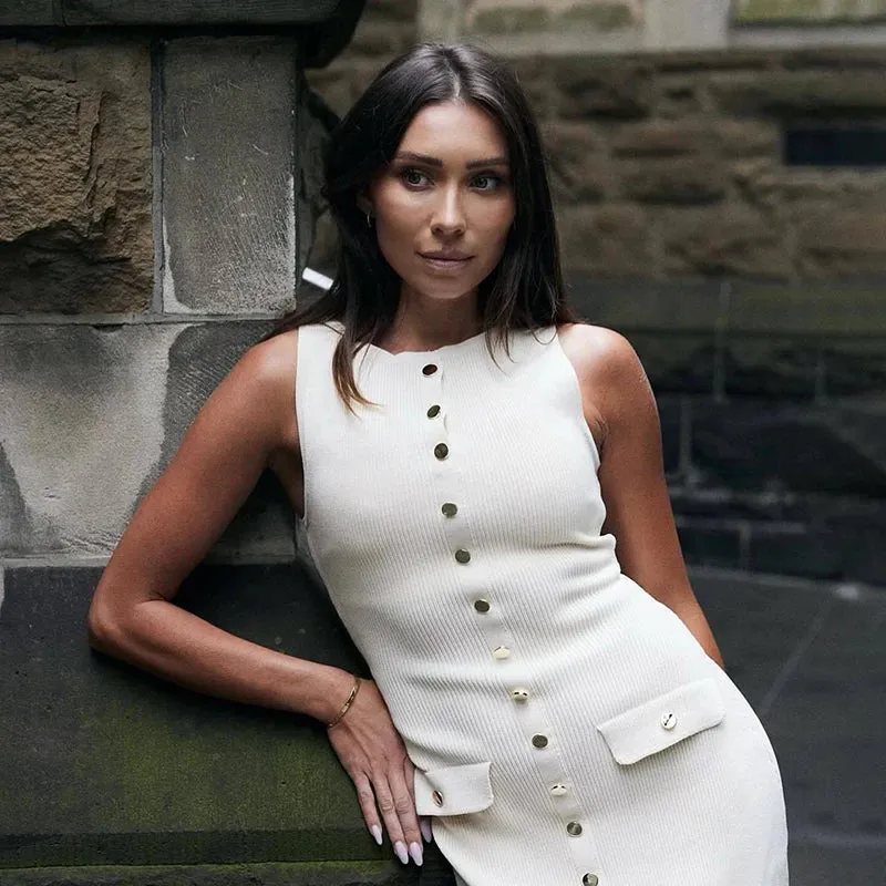 Ribbed Buttoned Stylish Midi Dress