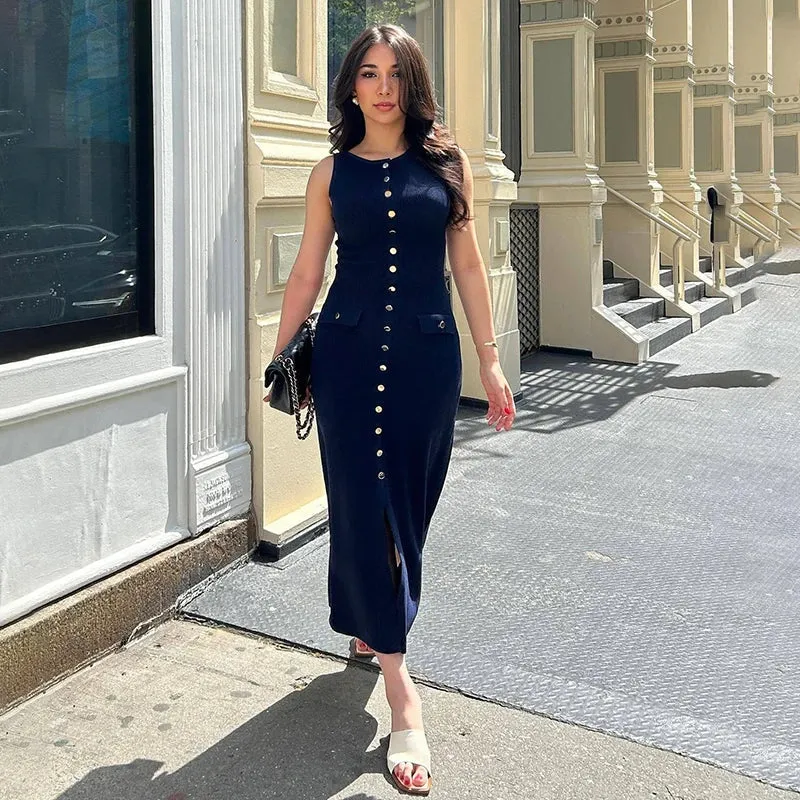 Ribbed Buttoned Stylish Midi Dress