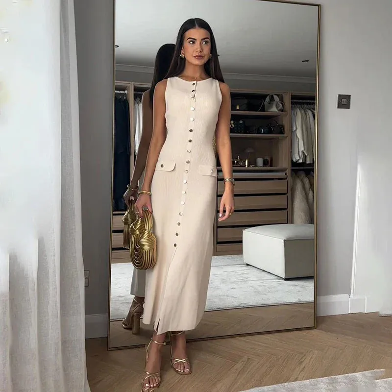 Ribbed Buttoned Stylish Midi Dress