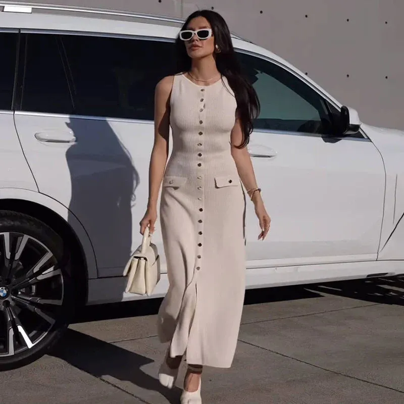 Ribbed Buttoned Stylish Midi Dress