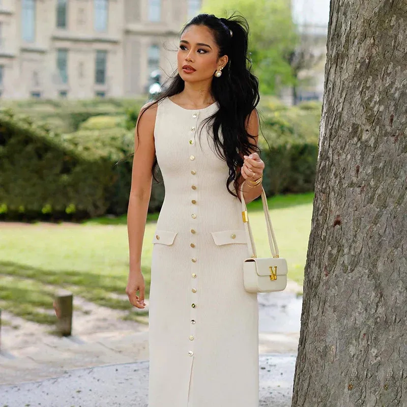 Ribbed Buttoned Stylish Midi Dress