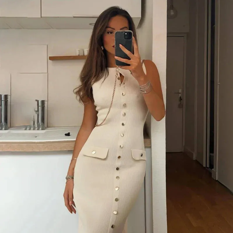Ribbed Buttoned Stylish Midi Dress