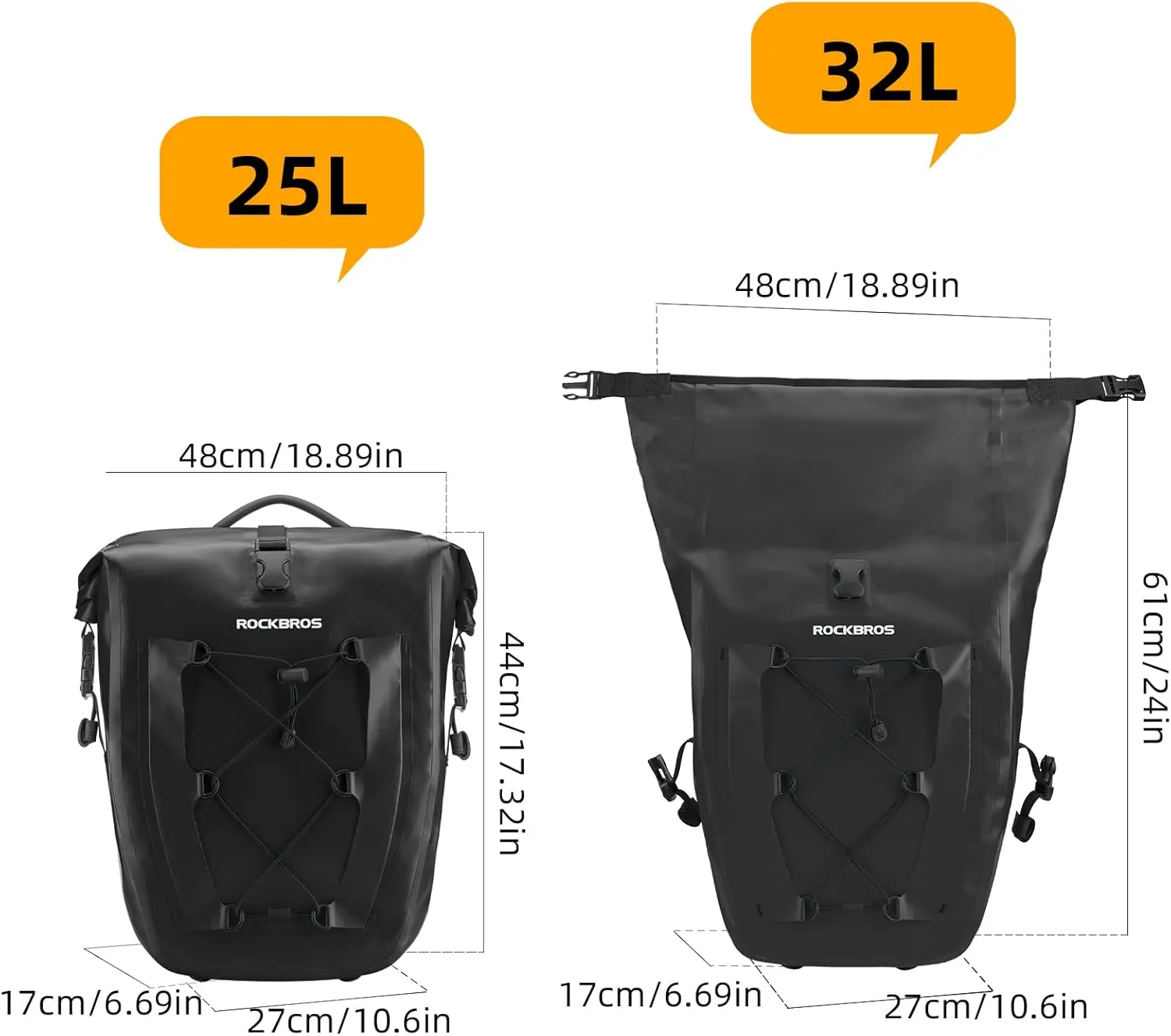ROCKBROS 32L Waterproof Bike Panniers Durable Spacious Easy to Install