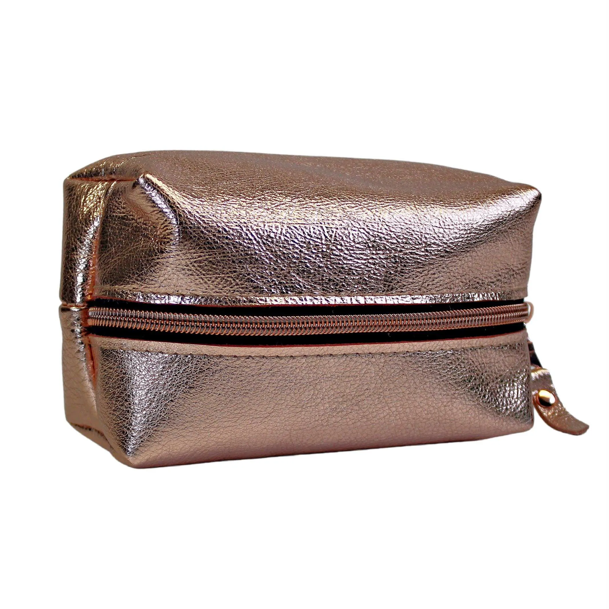 Rose Gold Leather Zippered Cosmetic Bag