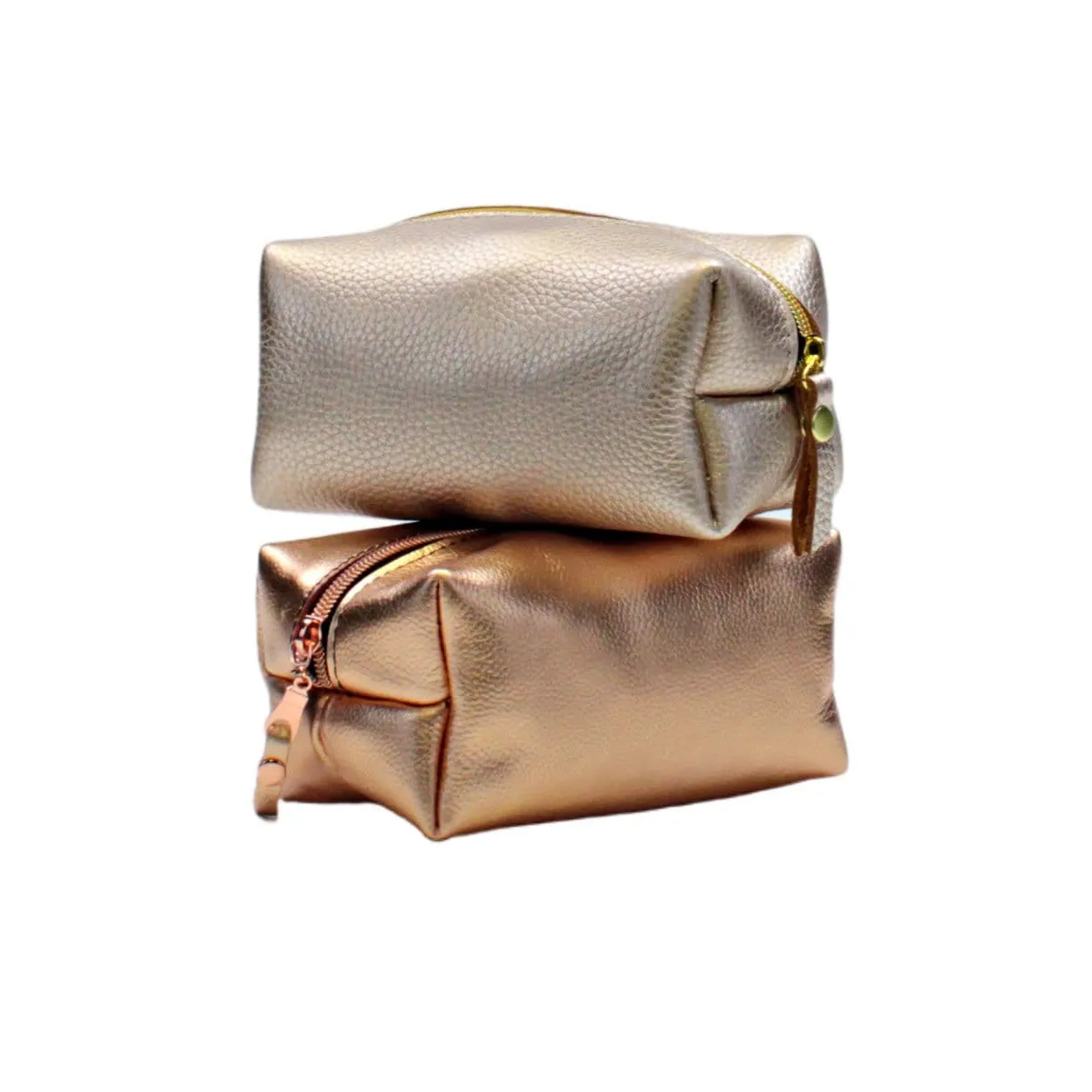 Rose Gold Leather Zippered Cosmetic Bag