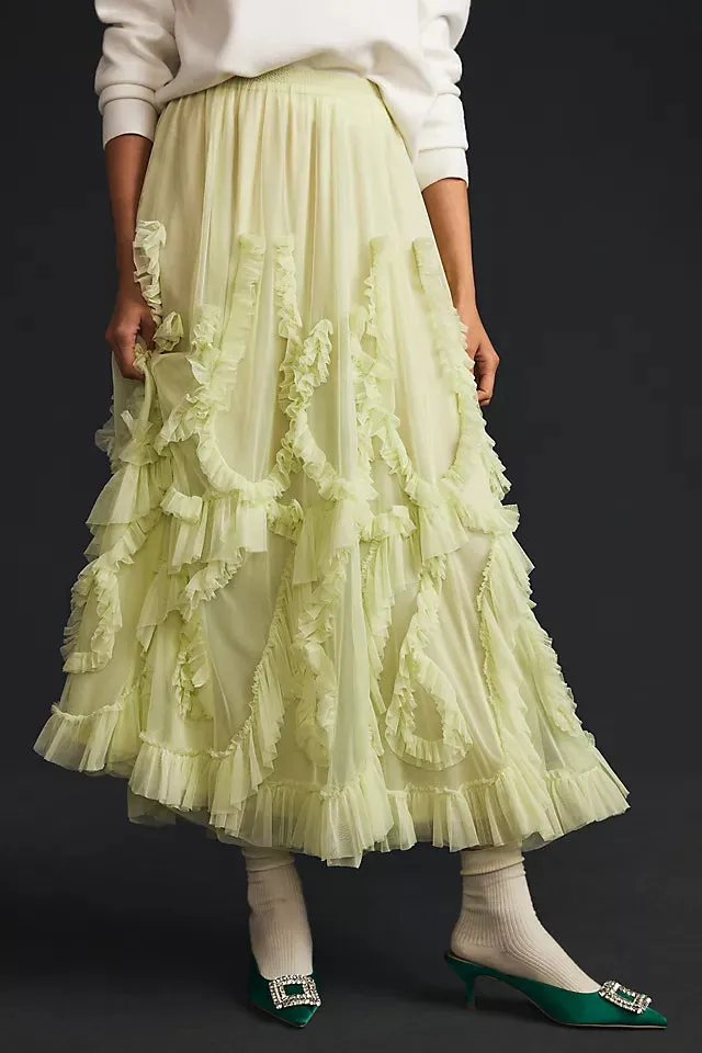 Ruffled Tulle Stylish Skirt Green