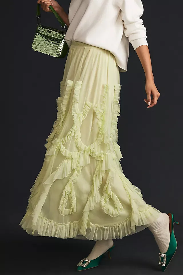 Ruffled Tulle Stylish Skirt Green