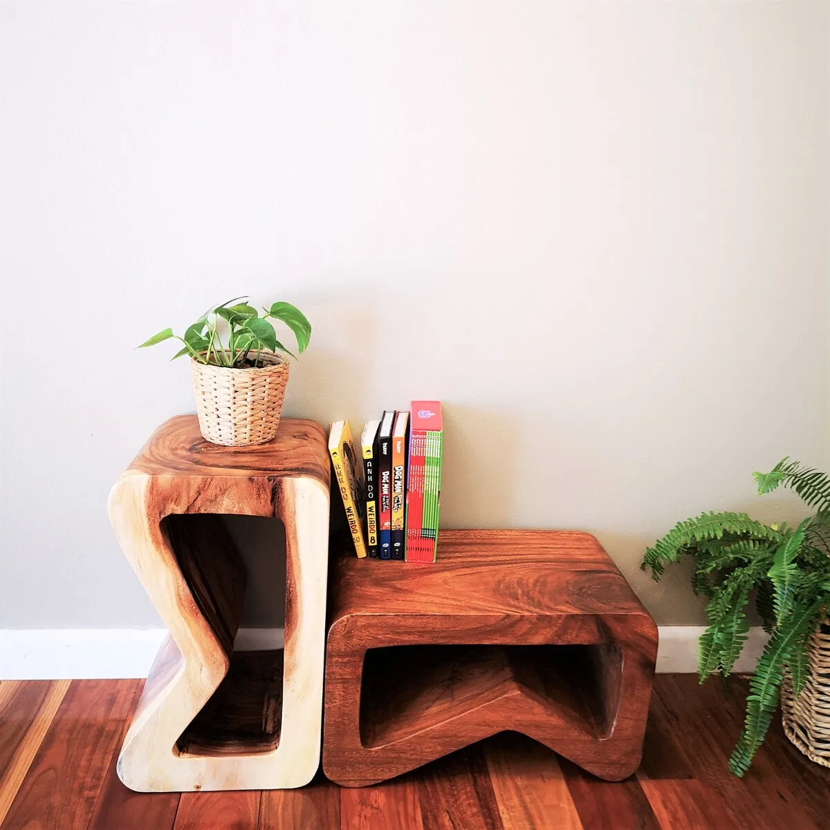 Side Table carved wood Plant Stand or Bar Stool with Clear Finish-Raintree Wood