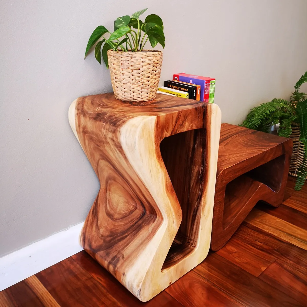 Side Table carved wood Plant Stand or Bar Stool with Clear Finish-Raintree Wood