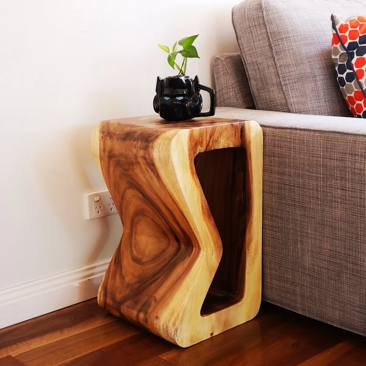 Side Table carved wood Plant Stand or Bar Stool with Clear Finish-Raintree Wood