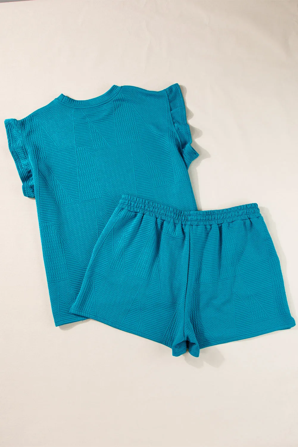Skobeloff Textured Ruffle Split Top and Drawstring Shorts Set