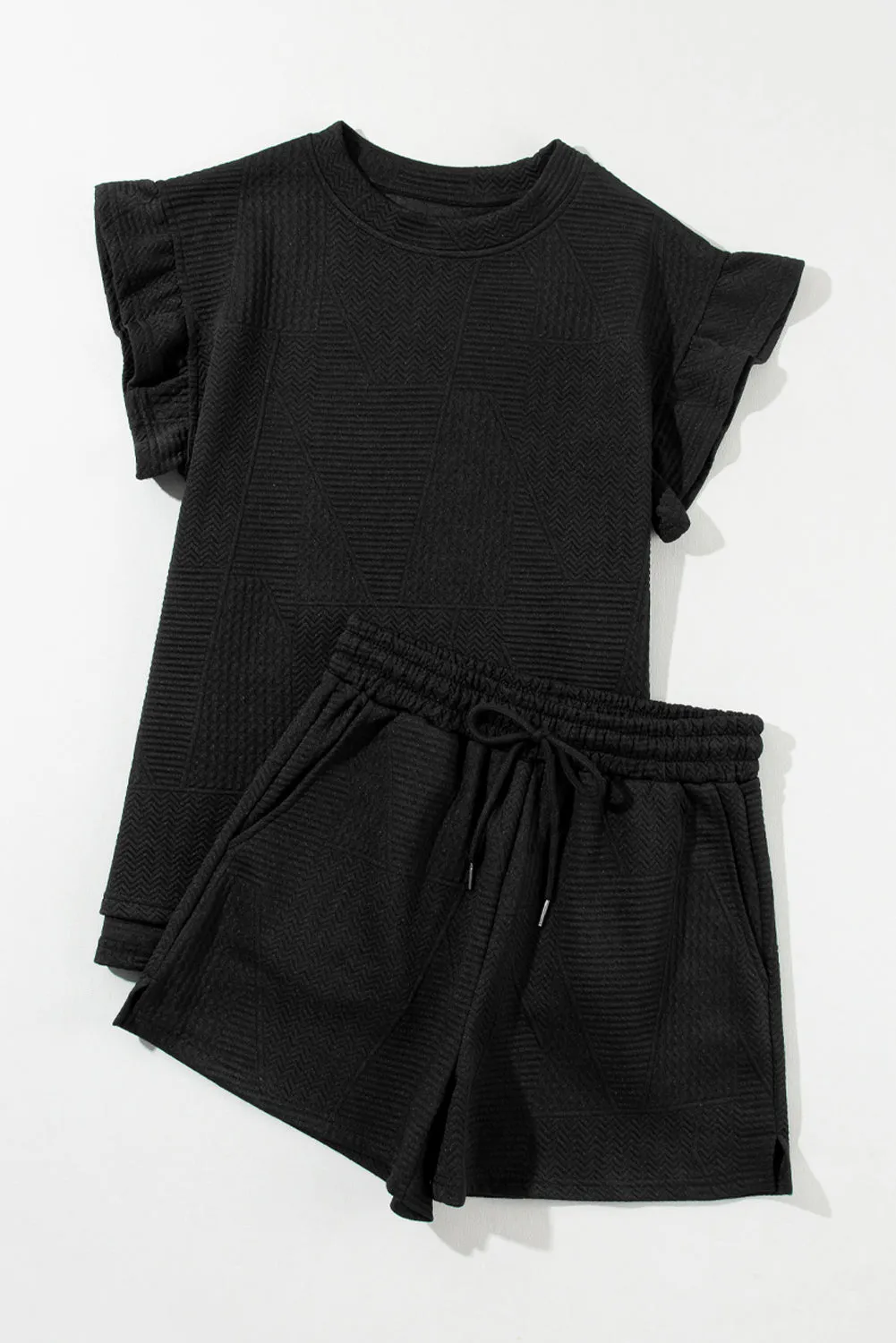 Skobeloff Textured Ruffle Split Top and Drawstring Shorts Set