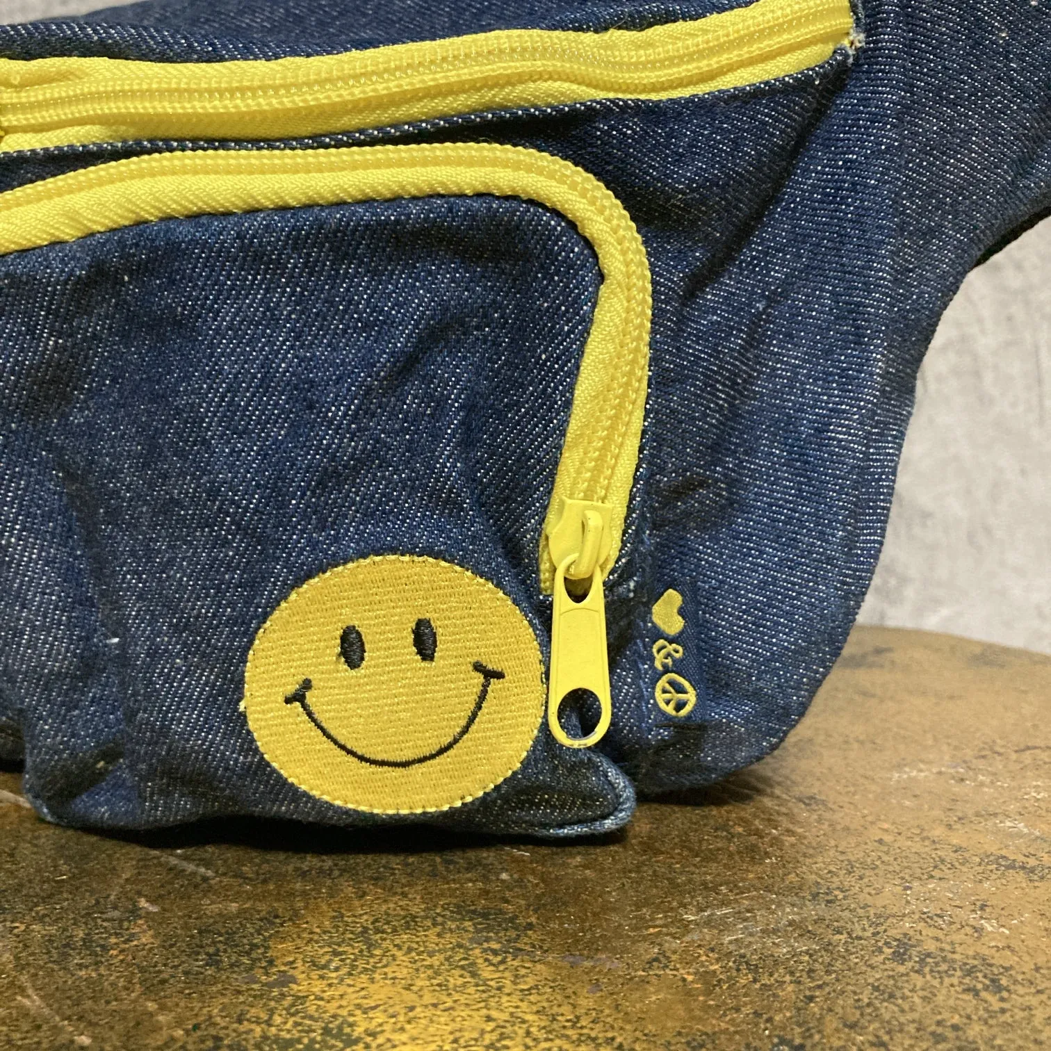 smiley face love and peace denim waist pack fanny pack bum bag blue