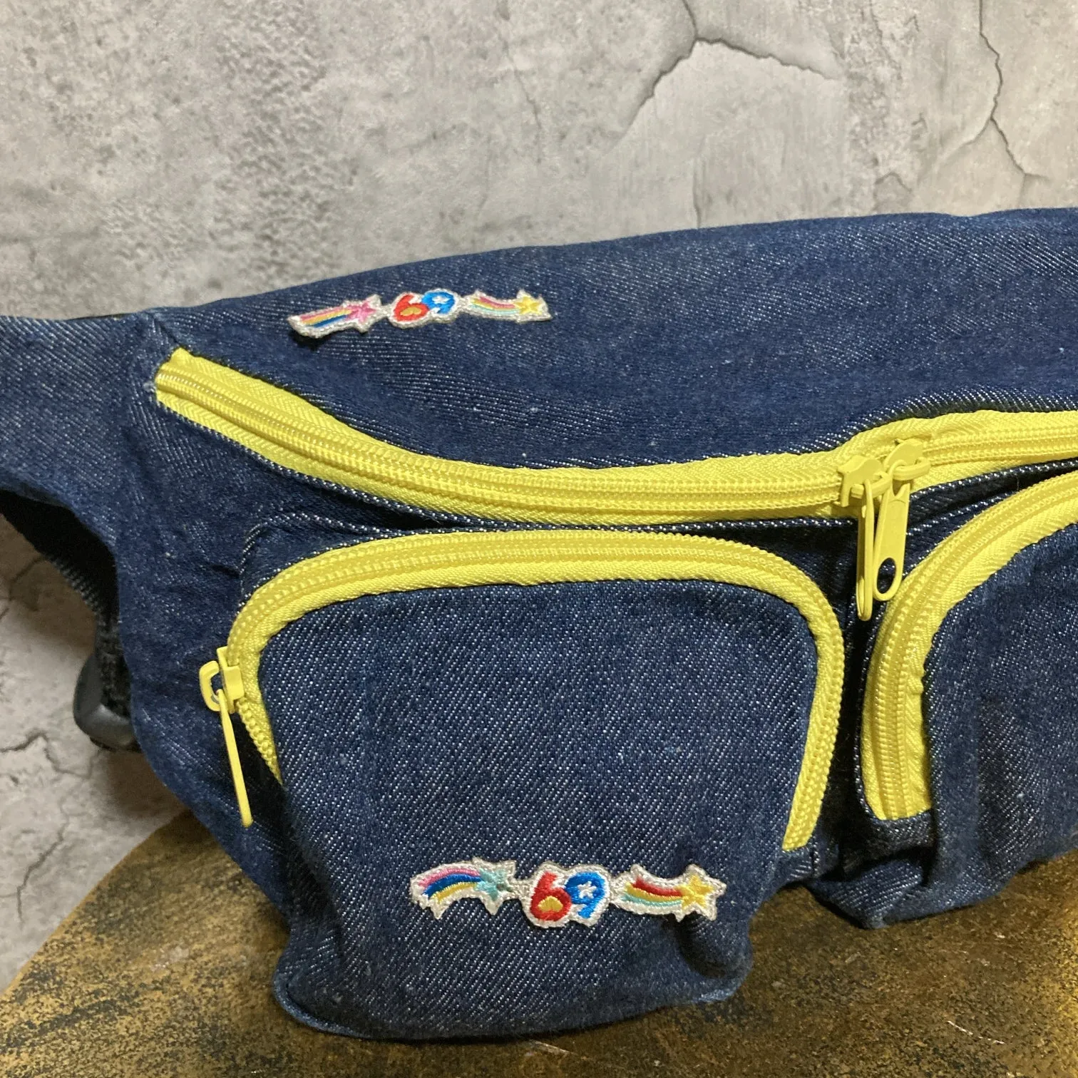 smiley face love and peace denim waist pack fanny pack bum bag blue