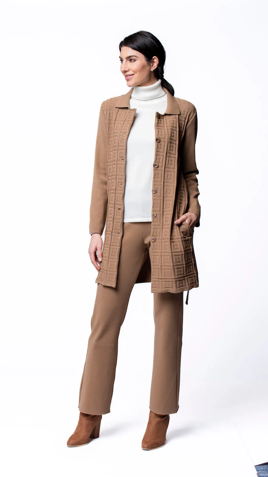 Sydney Square-Patern Knit Car Coat - Mocha