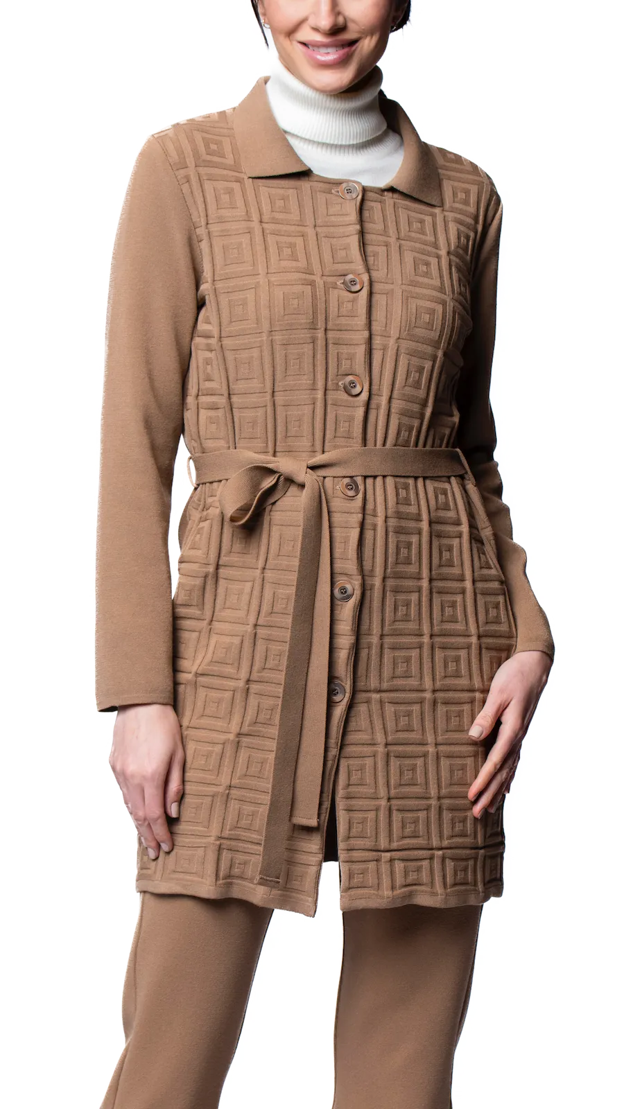 Sydney Square-Patern Knit Car Coat - Mocha