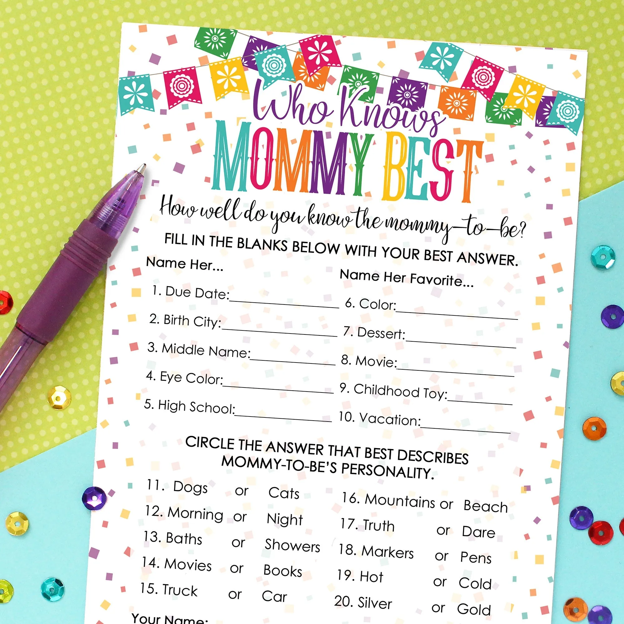 Taco 'Bout a Baby:  Baby Shower Game - Who Knows Mommy Best Game Cards - 20 Cards