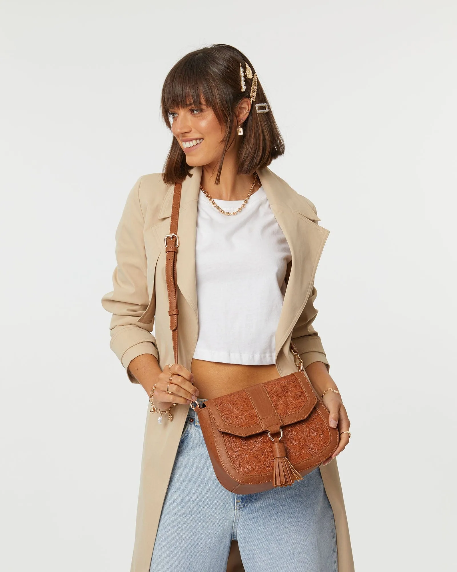 Tan Aria Tassel Saddle Bag