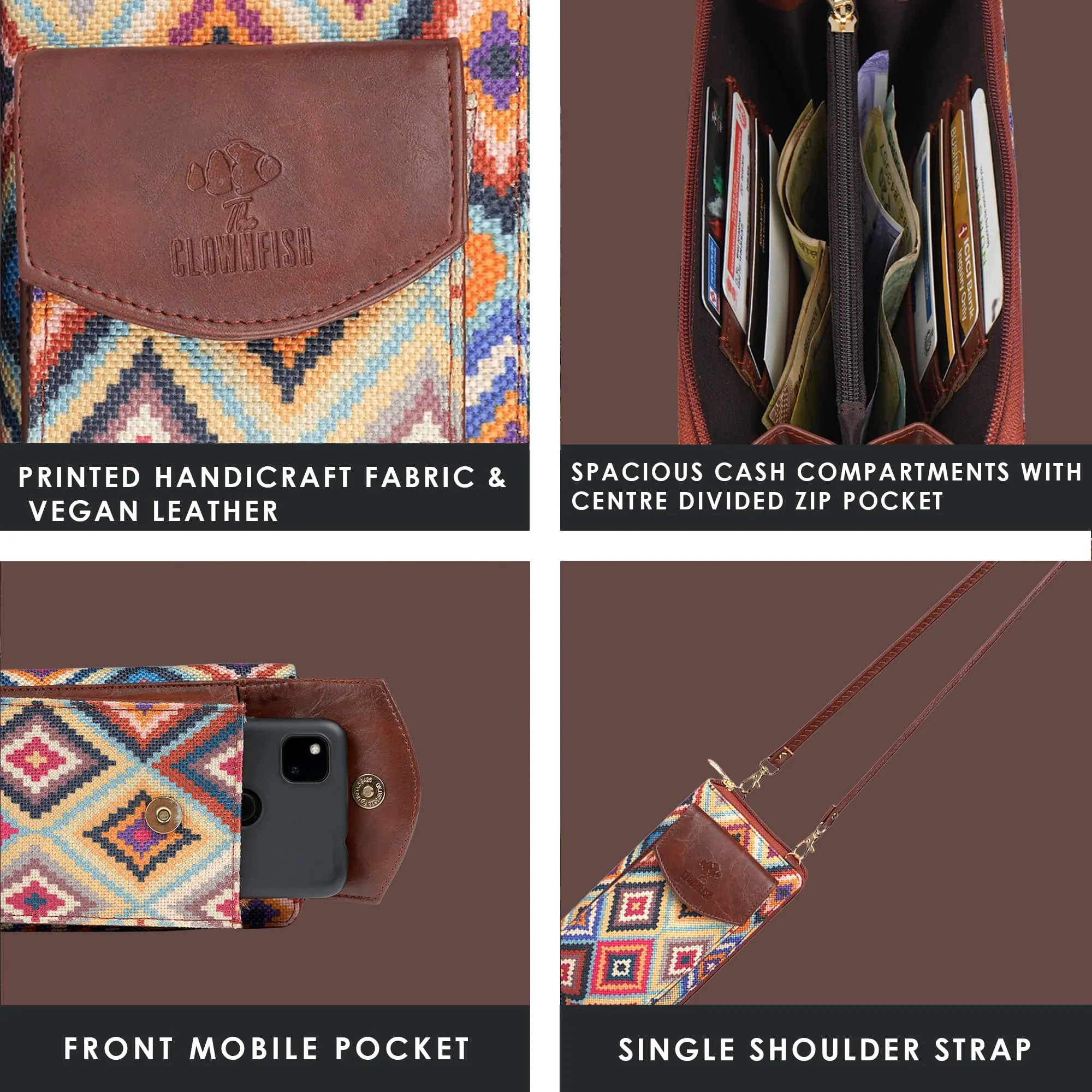 THE CLOWNFISH Fashionista Printed Handicraft Fabric & Vegan Leather Ladies Wallet Sling Bag with Front Mobile Pocket (Multicolour-Diamond Design)