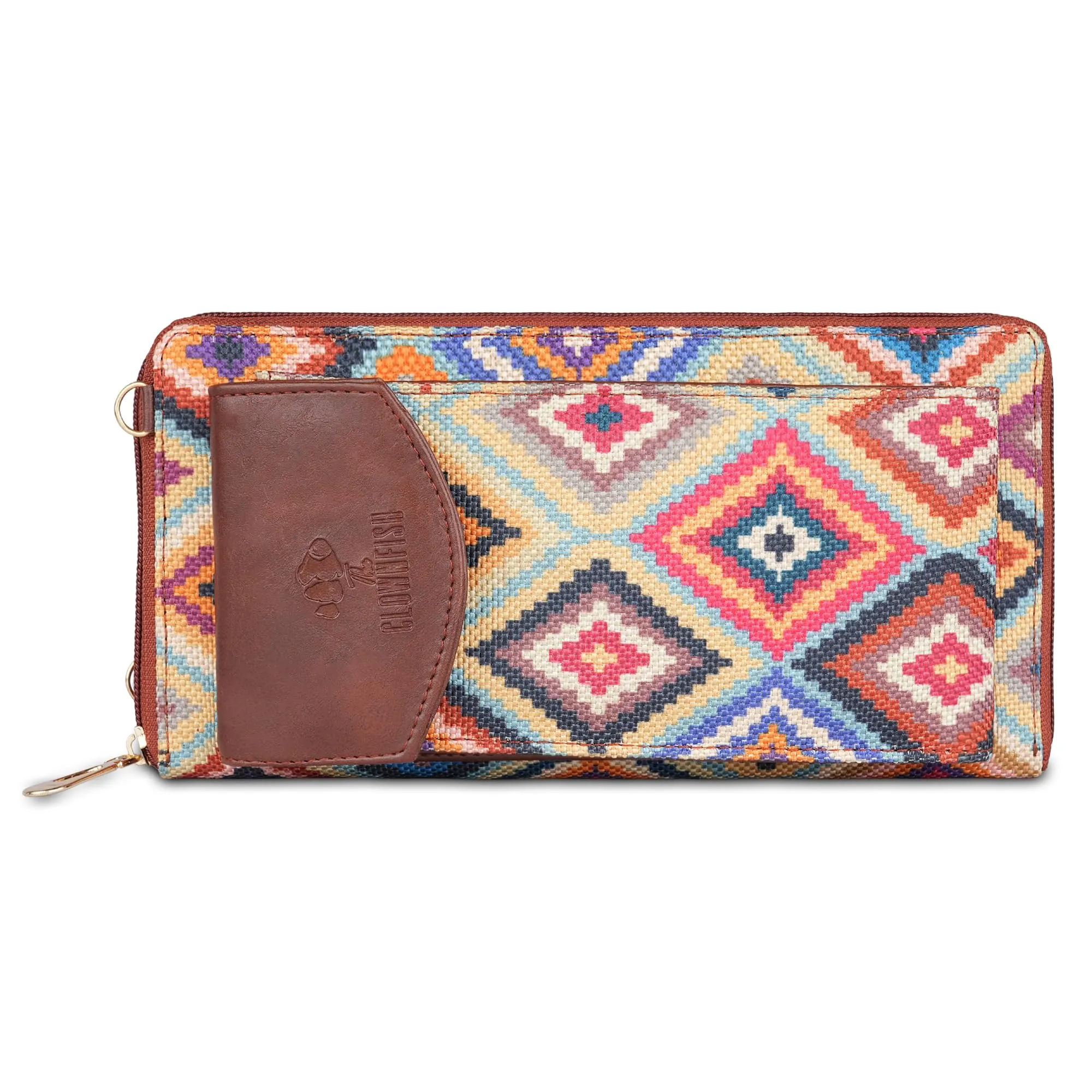THE CLOWNFISH Fashionista Printed Handicraft Fabric & Vegan Leather Ladies Wallet Sling Bag with Front Mobile Pocket (Multicolour-Diamond Design)