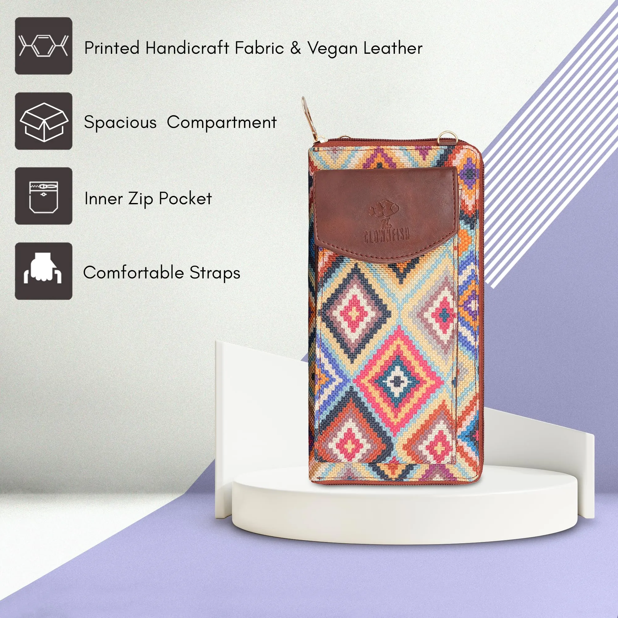 THE CLOWNFISH Fashionista Printed Handicraft Fabric & Vegan Leather Ladies Wallet Sling Bag with Front Mobile Pocket (Multicolour-Diamond Design)