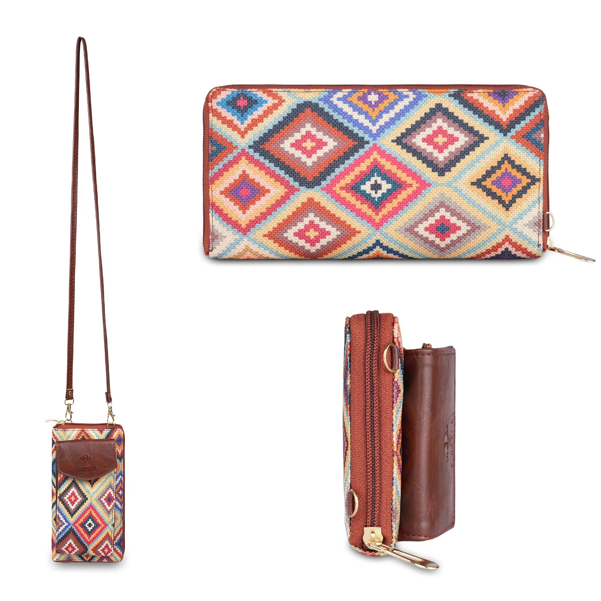 THE CLOWNFISH Fashionista Printed Handicraft Fabric & Vegan Leather Ladies Wallet Sling Bag with Front Mobile Pocket (Multicolour-Diamond Design)