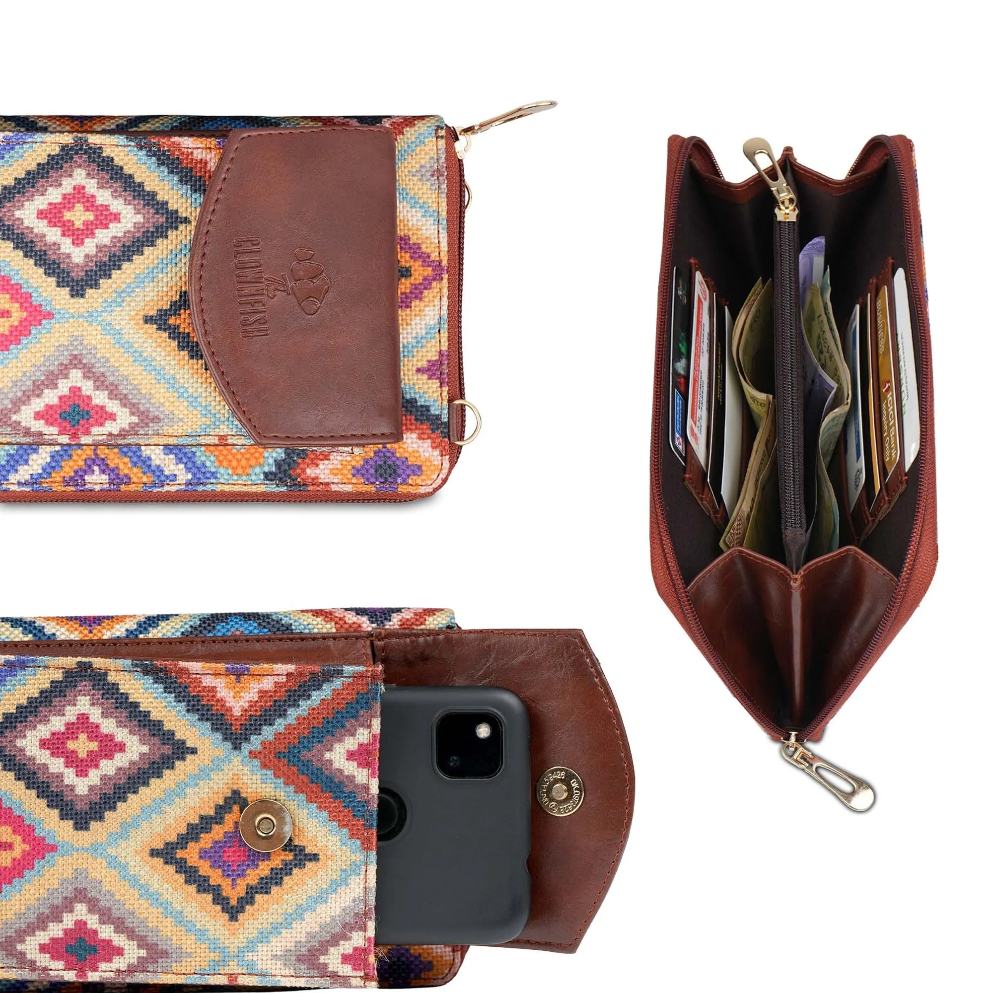 THE CLOWNFISH Fashionista Printed Handicraft Fabric & Vegan Leather Ladies Wallet Sling Bag with Front Mobile Pocket (Multicolour-Diamond Design)