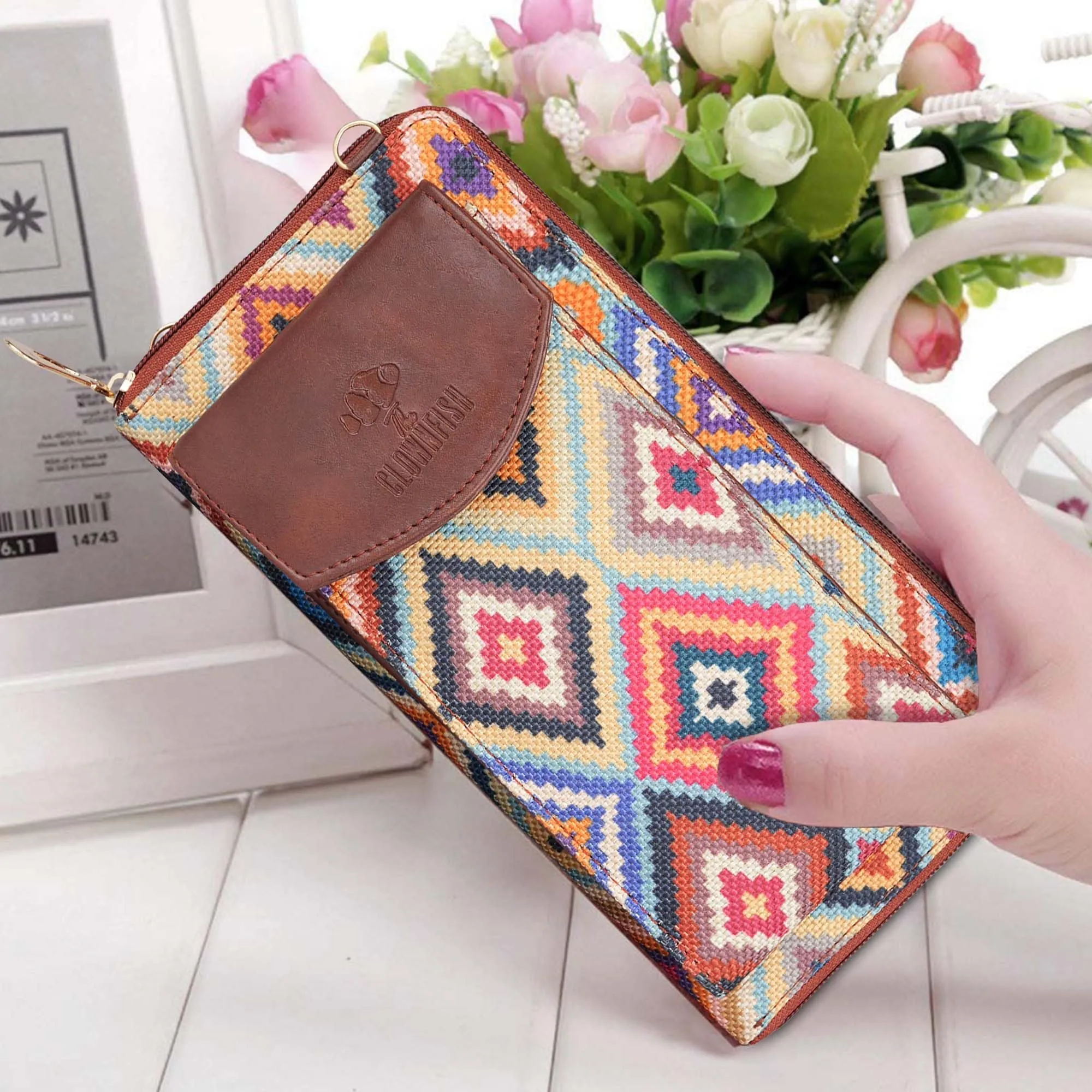 THE CLOWNFISH Fashionista Printed Handicraft Fabric & Vegan Leather Ladies Wallet Sling Bag with Front Mobile Pocket (Multicolour-Diamond Design)