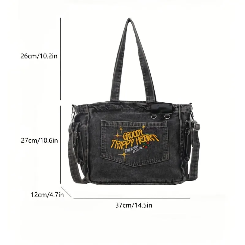 Uakiss 1pc Y2K Fashion Canvas Tote Bag, Preppy Dark Grey with Chain & Embroidery, Lightweight & Foldable, Zipper Closure, Polyester Lined, Adjustable Shoulder Strap, Large Capacity Crossbody School Bag