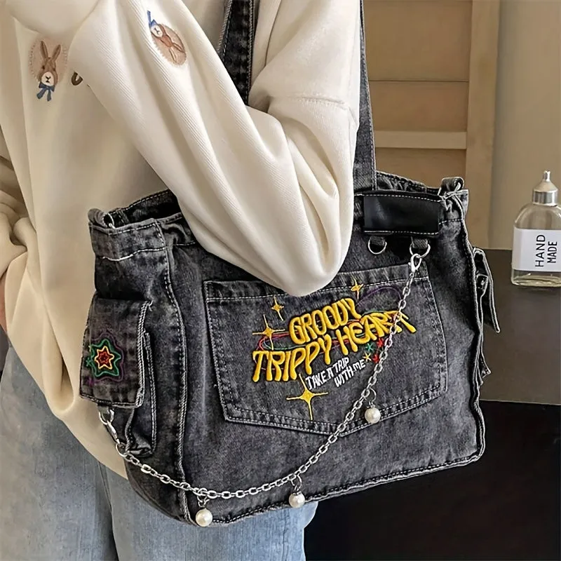 Uakiss 1pc Y2K Fashion Canvas Tote Bag, Preppy Dark Grey with Chain & Embroidery, Lightweight & Foldable, Zipper Closure, Polyester Lined, Adjustable Shoulder Strap, Large Capacity Crossbody School Bag