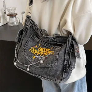 Uakiss 1pc Y2K Fashion Canvas Tote Bag, Preppy Dark Grey with Chain & Embroidery, Lightweight & Foldable, Zipper Closure, Polyester Lined, Adjustable Shoulder Strap, Large Capacity Crossbody School Bag