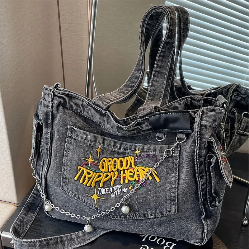 Uakiss 1pc Y2K Fashion Canvas Tote Bag, Preppy Dark Grey with Chain & Embroidery, Lightweight & Foldable, Zipper Closure, Polyester Lined, Adjustable Shoulder Strap, Large Capacity Crossbody School Bag